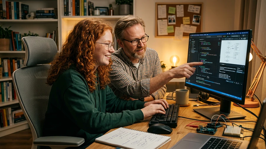 Tutor guiding a student through a coding lesson at a computer