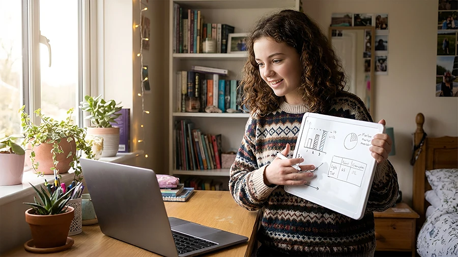 A smiling female student working on a laptop at home, representing remote learning at Franklin Global