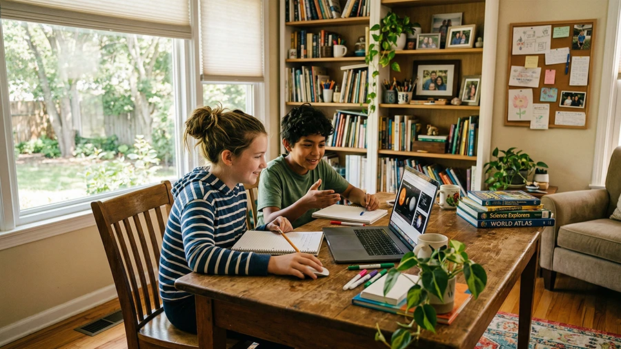Students collaborating during an online learning session in a home study environment