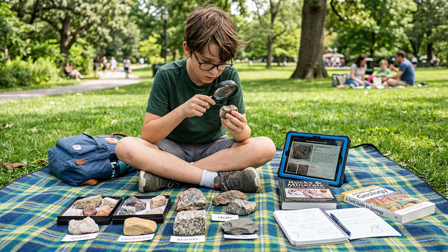 Student using a magnifying glass to examine a natural specimen outdoors