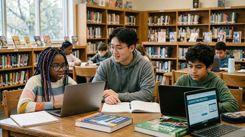 Tutor helping students at a table in a library