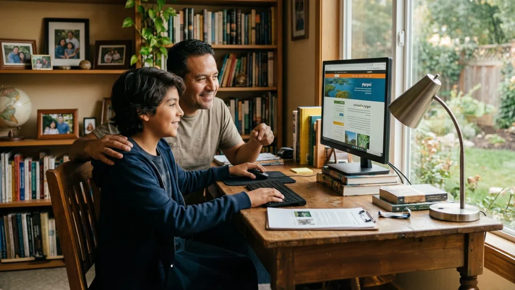Learner and parent participating in an online learning session together at home