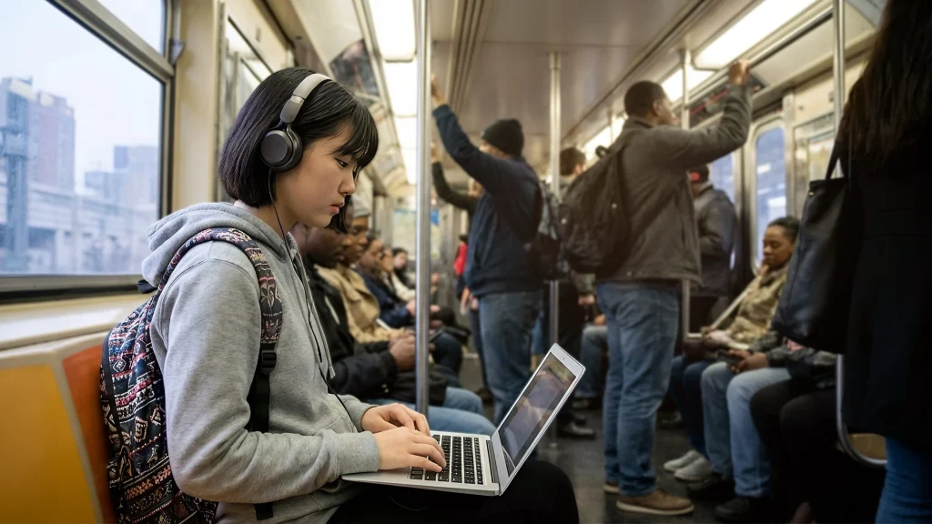 Learner studying independently while commuting, preparing for college and future opportunities
