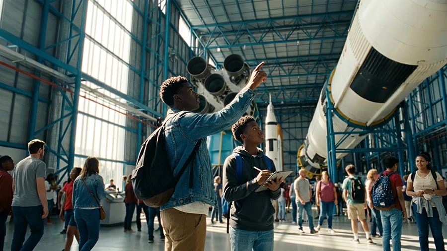 Students looking up at a rocket engine