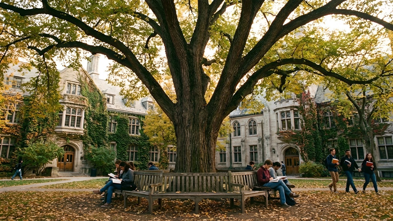 Students reading on campus benches beneath a large tree outside a historic school building in autumn