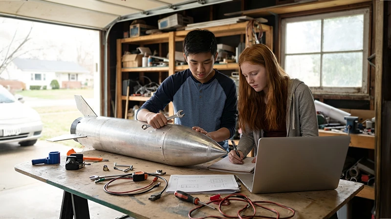 Two students working together on an engineering project