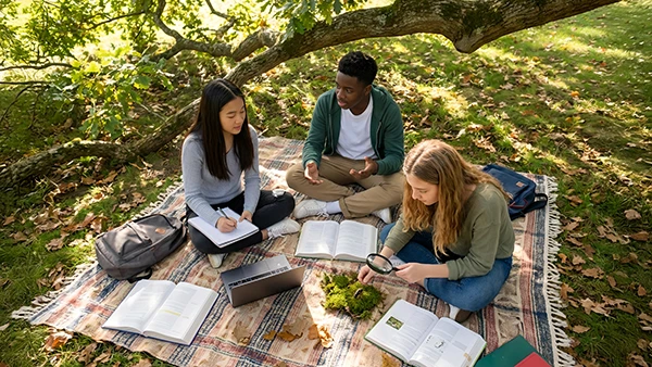 Students collaborating on a project in an outdoor learning environment