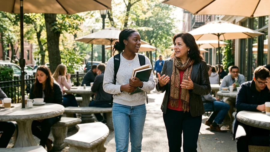 Student participating in a conversation while walking across campus with books in hand