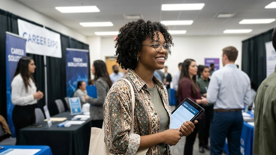 Young professional exploring booths at a career fair