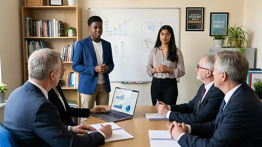 Two professionals presenting data on a whiteboard during a partner review