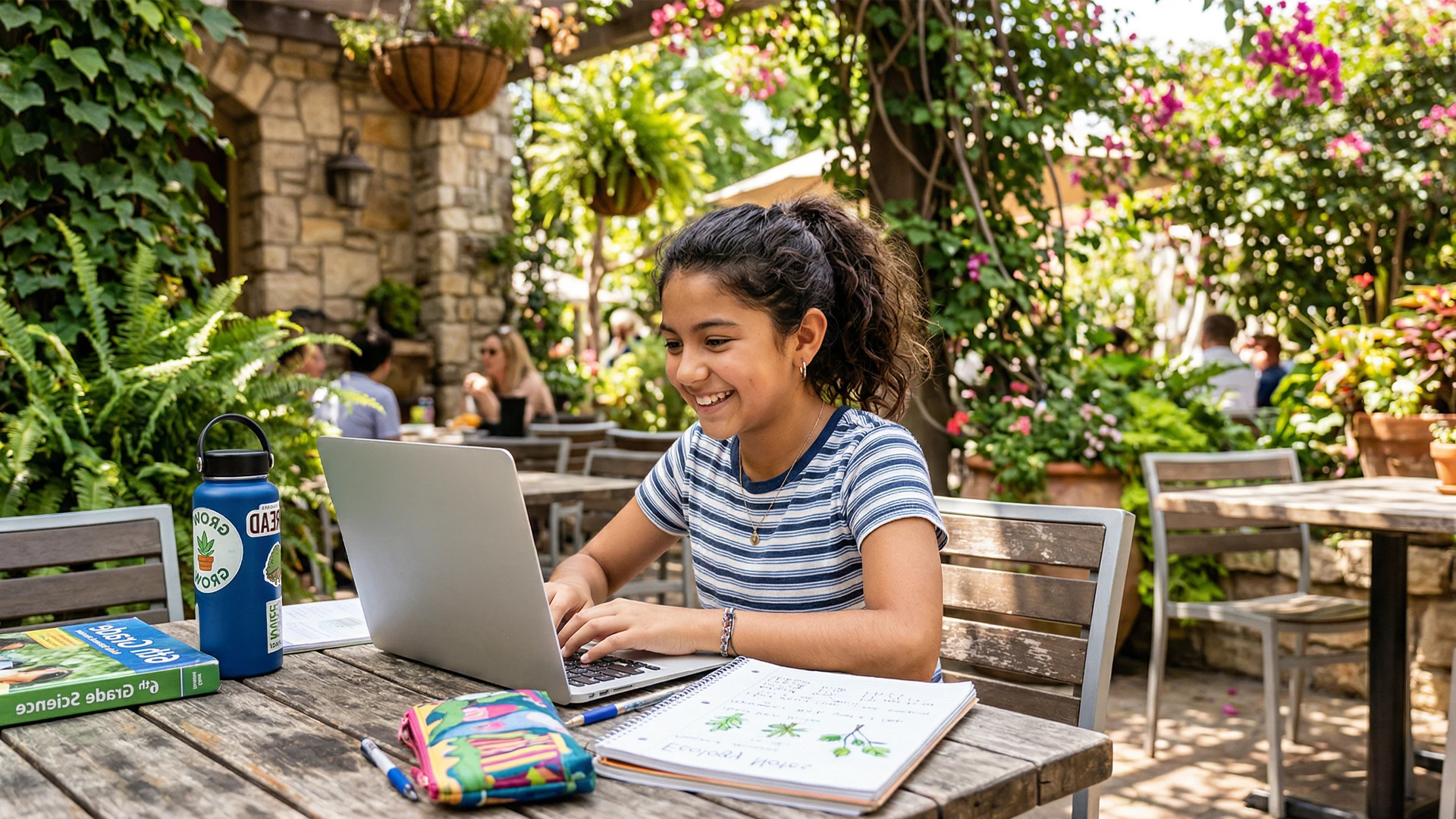 Student smiling while working on a laptop outdoors with school supplies on the table