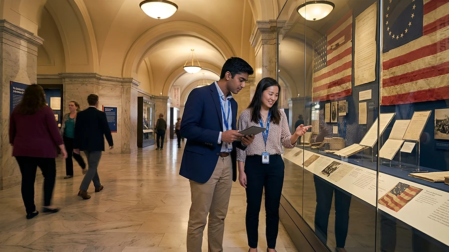 Two young professionals examining a museum exhibit, reflecting the journey from classroom to career