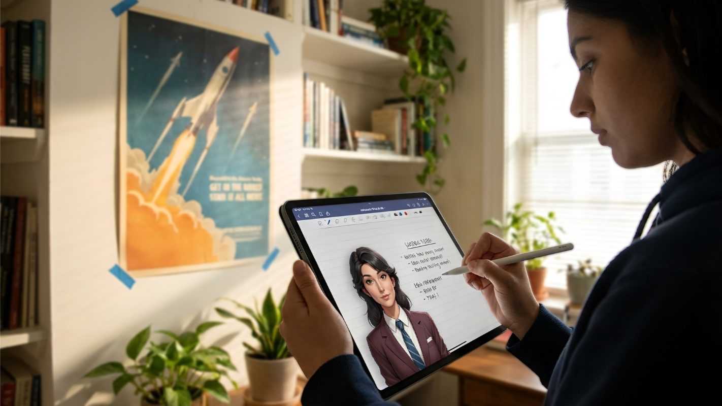 Hand using a stylus with an AI writing assistant on a tablet