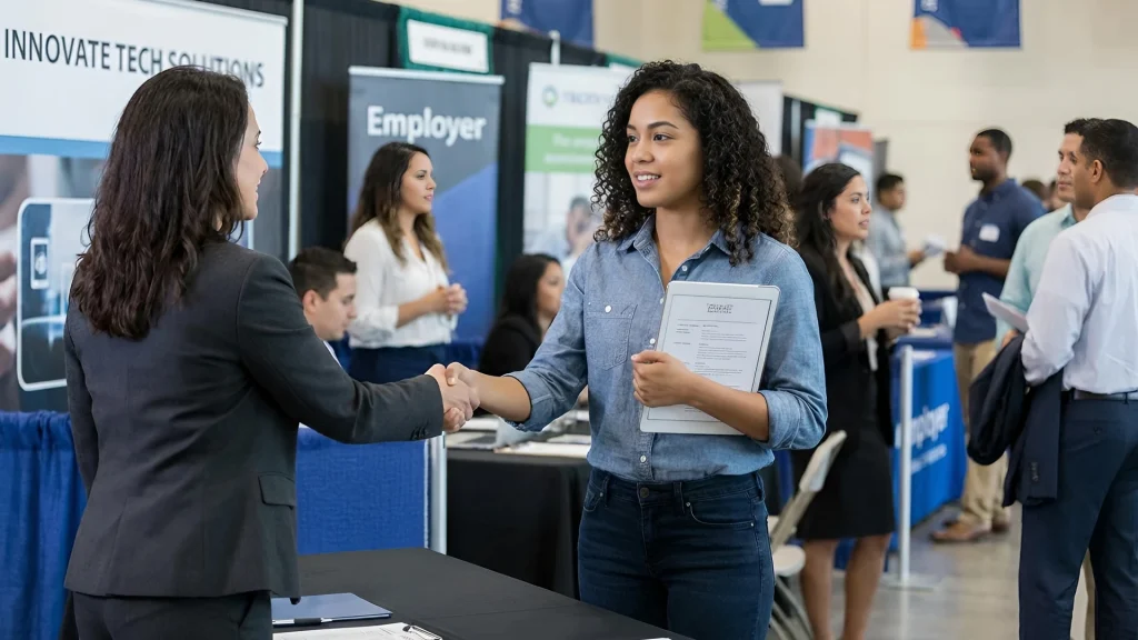 Student shaking hands with a recruiter at a career fair, exploring future pathways