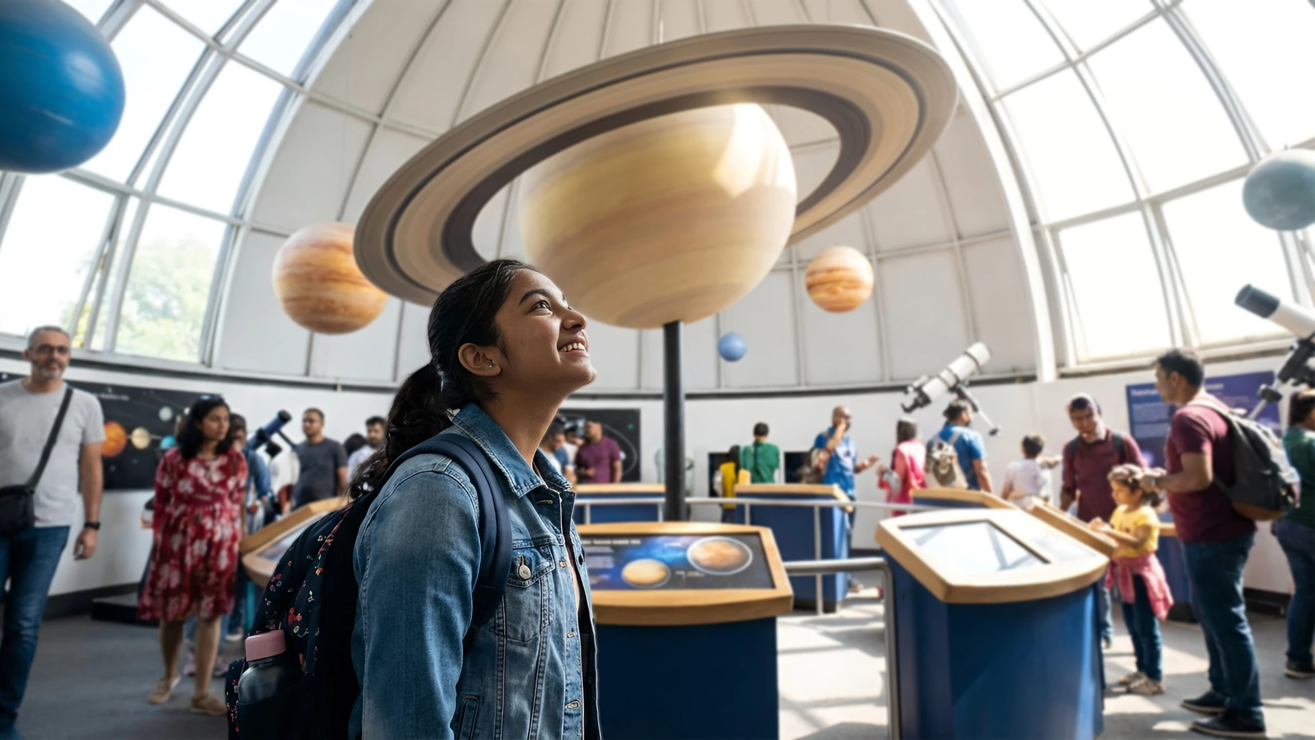Student looking up in wonder at planetary models inside a planetarium