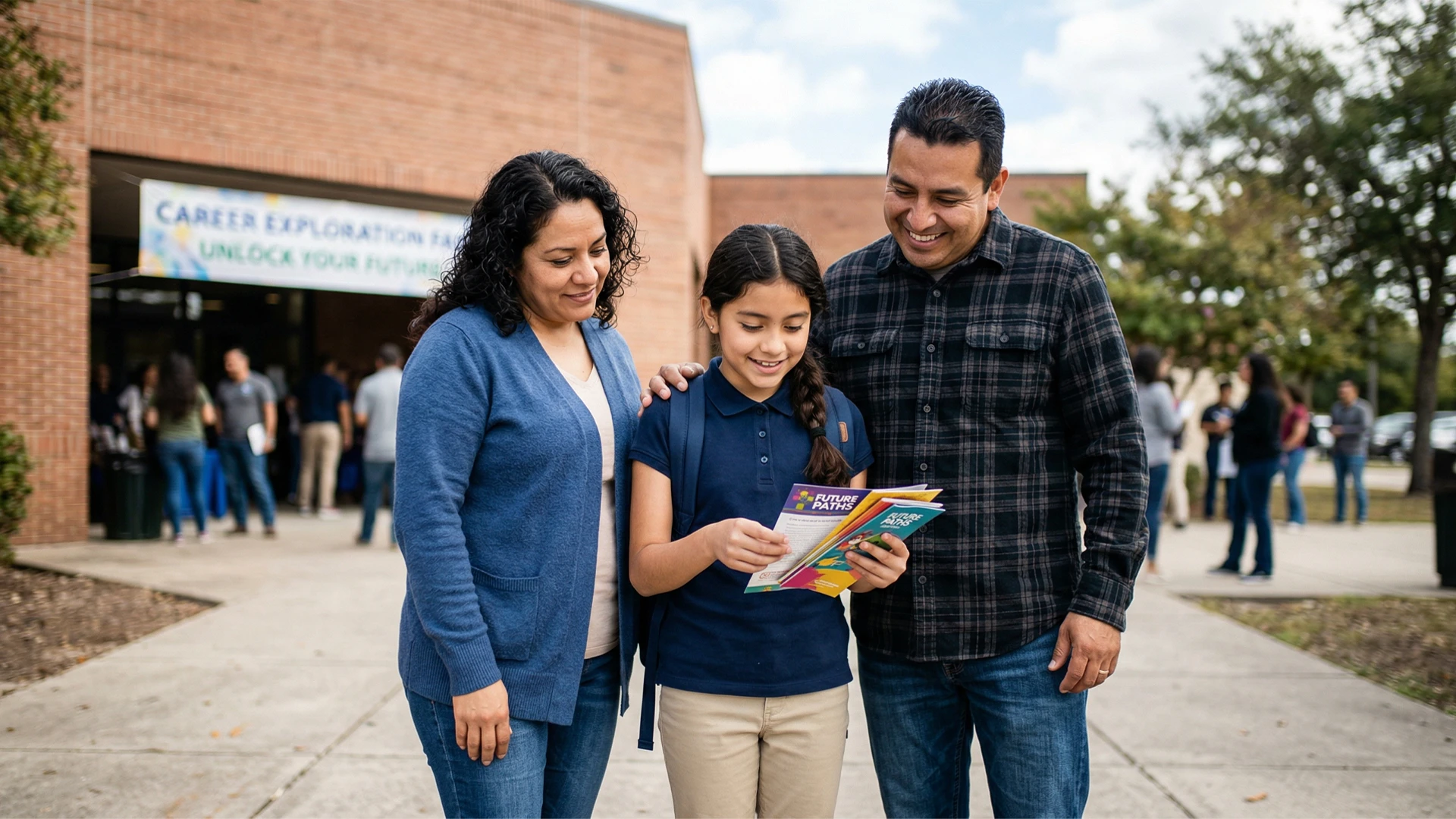 Parents and student exploring educational pathway resources together