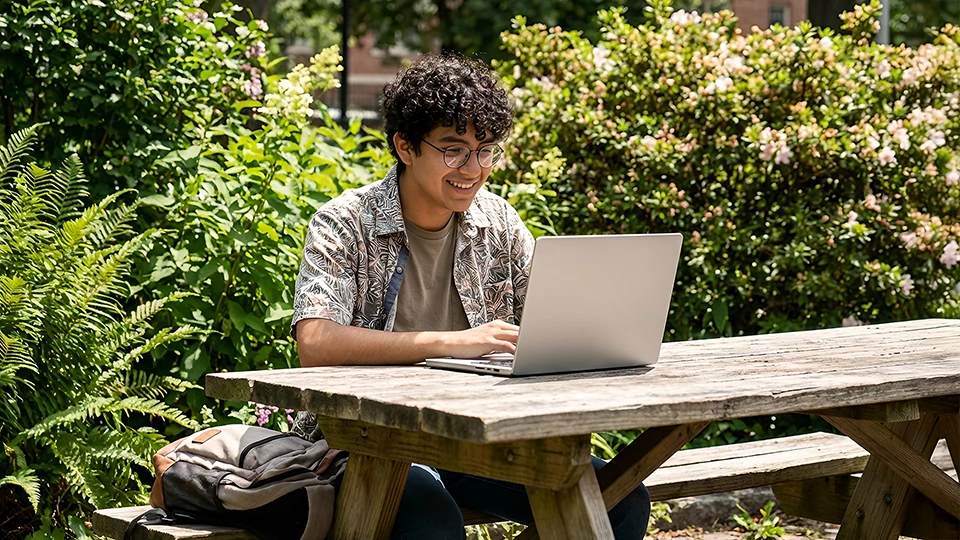 Student smiling while studying on a laptop outdoors at a picnic table