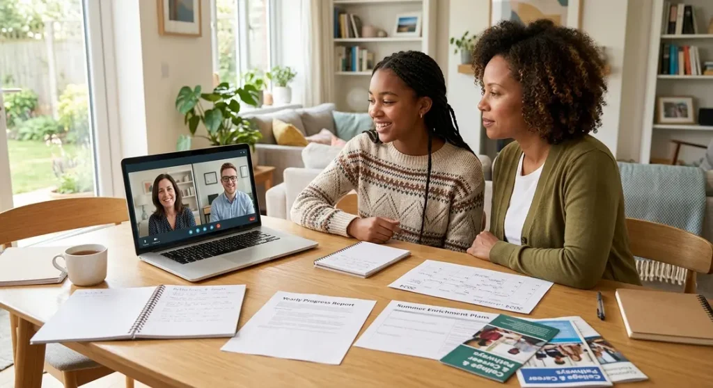 Learner participating in a live online class with family support