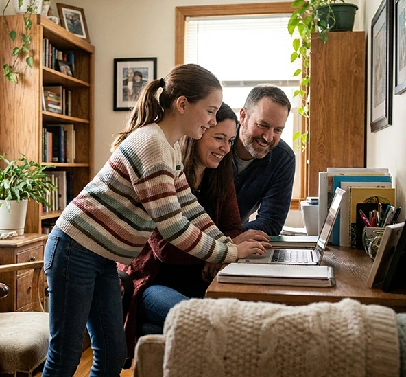 Family reviewing tuition and financial aid information together on a laptop at home