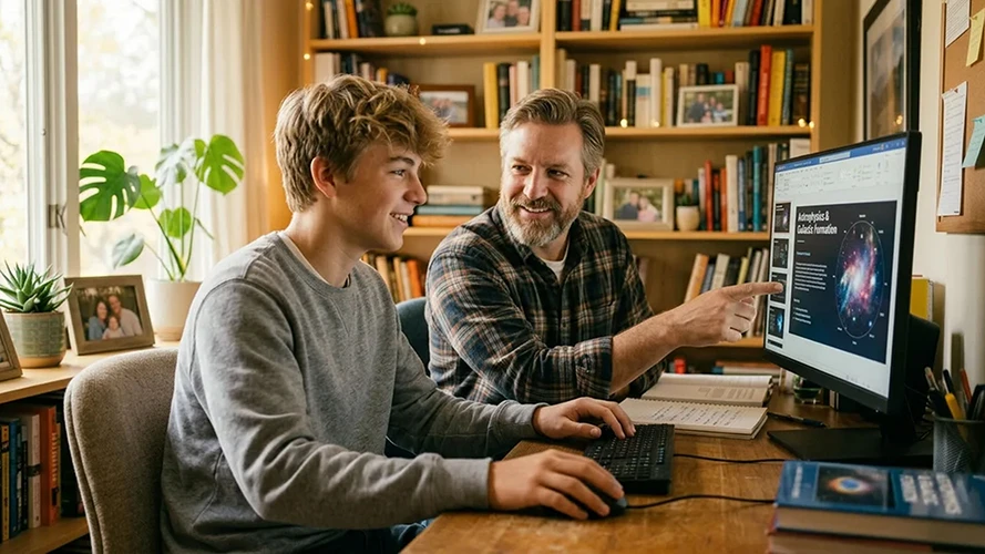 Father and son reviewing financial aid information together on a laptop at home